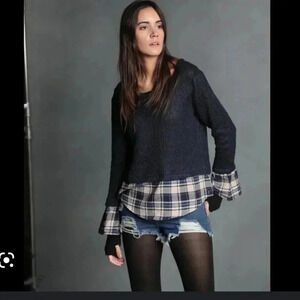 Maude Vivante Rachel Sweater with Plaid Overlay Mixed Media(L)